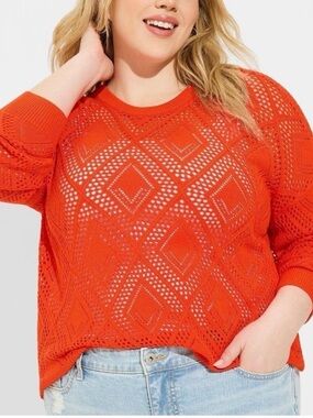 Torrid Sweater Size 2 Orange Pointelle Knit Lightweight Pullover Plus 2X